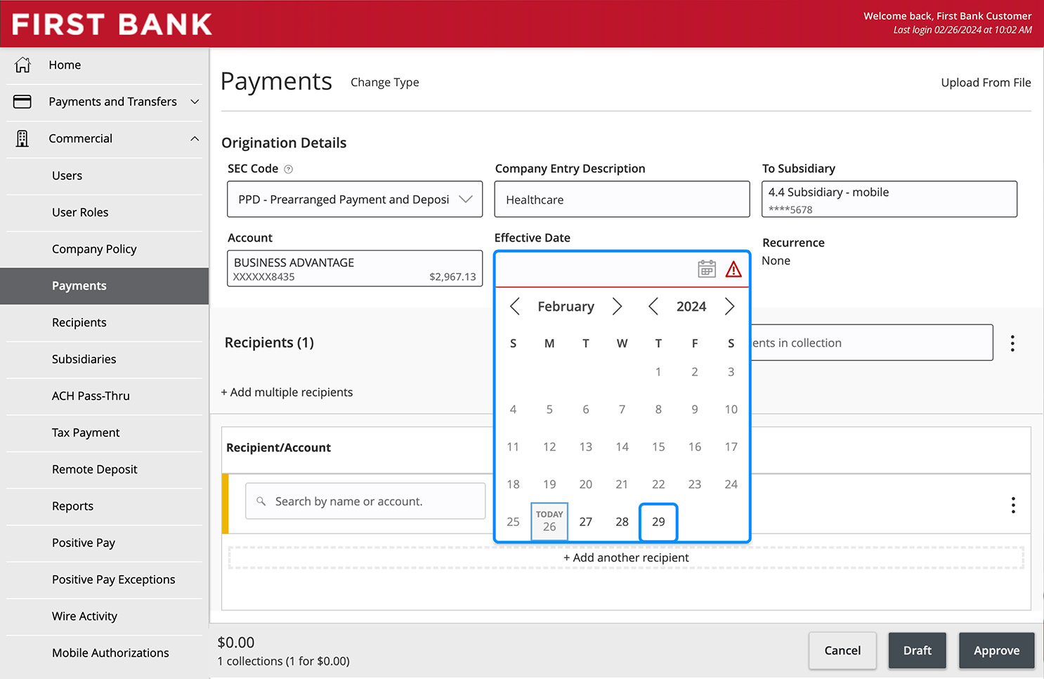 Online Banking screen showing the Effective Date calendar.