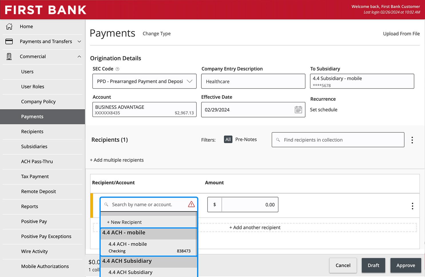 Online Banking screen highlighting the Recipient/Account dropdown and search fields.