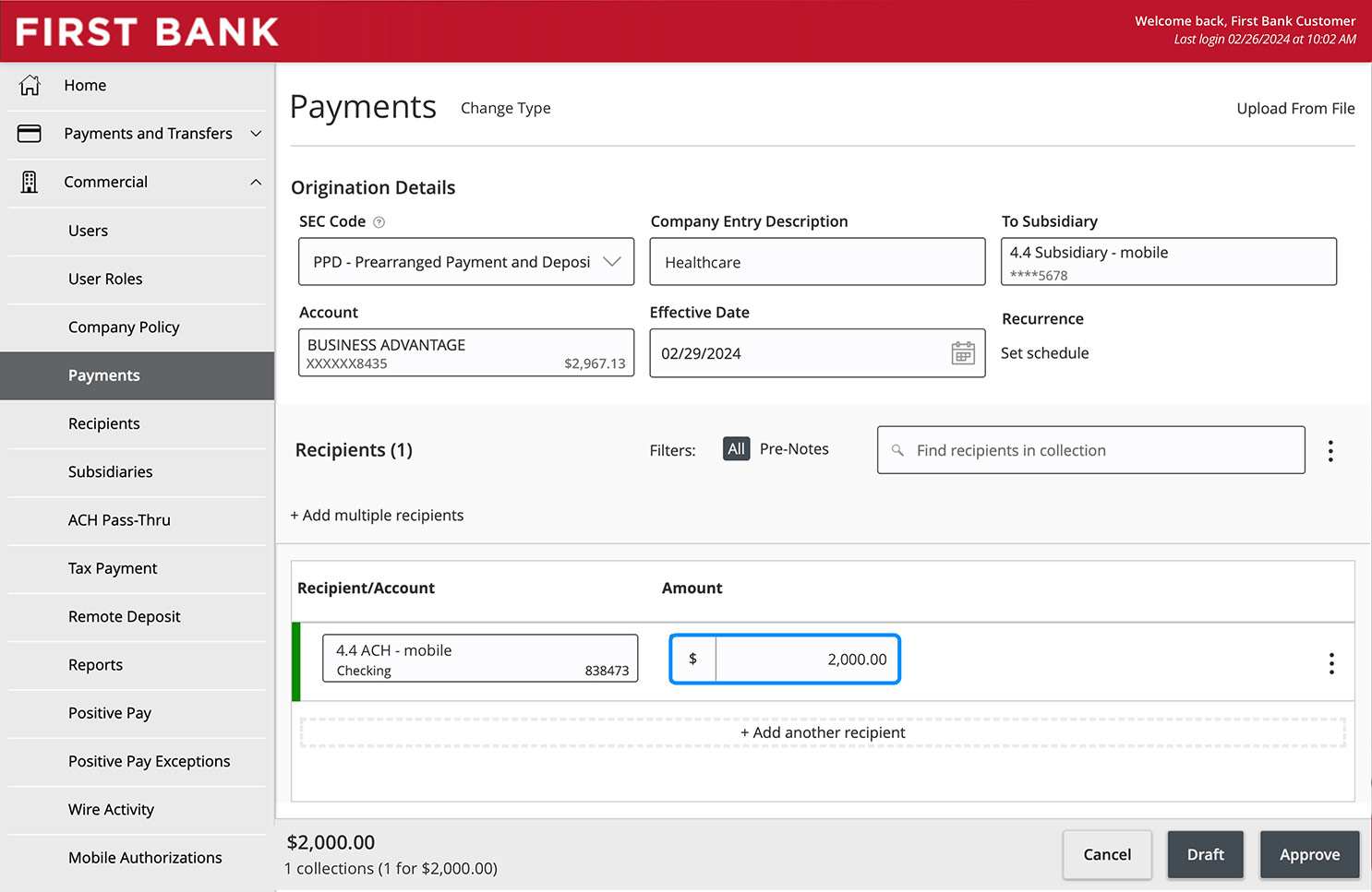 Online Banking screen highlighting the Amount field.