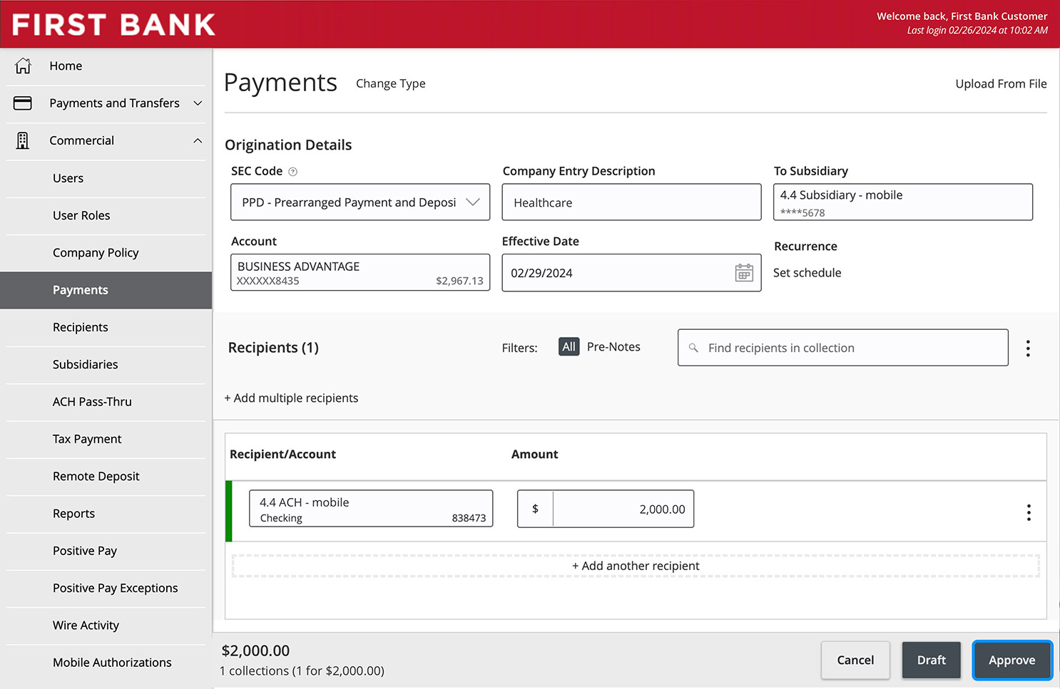 Online Banking screen highlighting the Approve button.