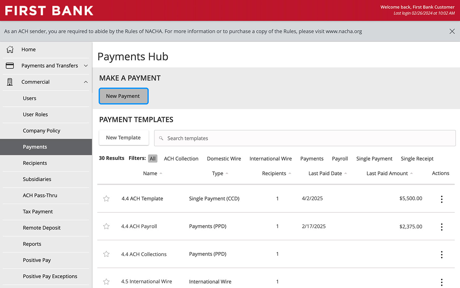 Online Banking screen highlighting the New Payment button.