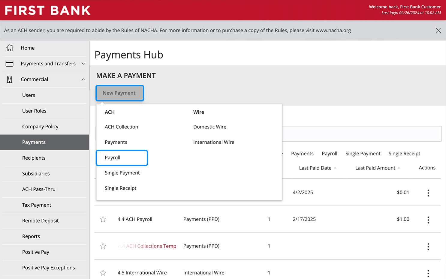 Online Banking screen showing the Payment type dropdown.