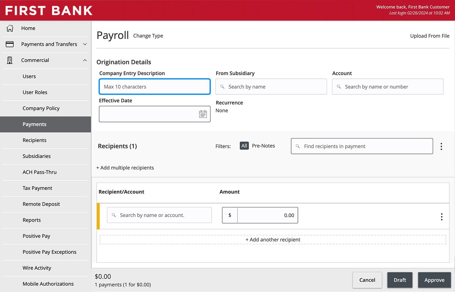 Online Banking screen highlighting the Company Entry Description field.