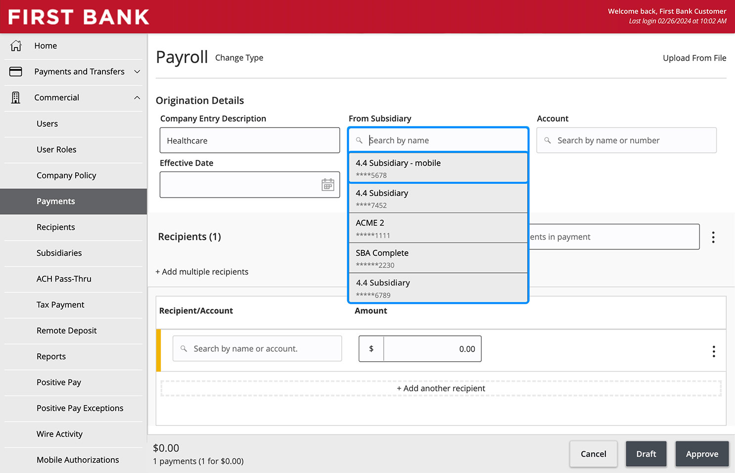 Online Banking screen showing the Subsidiary dropdown and search field.