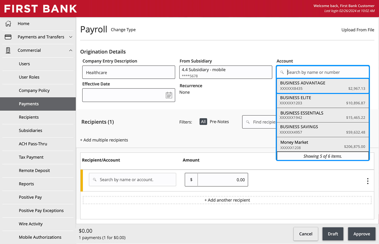 Online Banking screen showing the Account dropdown and search field.