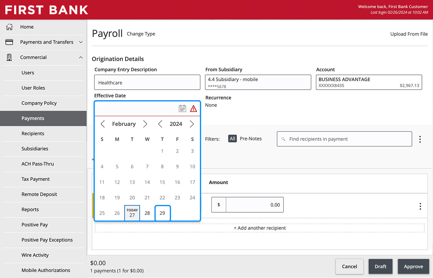 Online Banking screen showing the Effective Date calendar field.