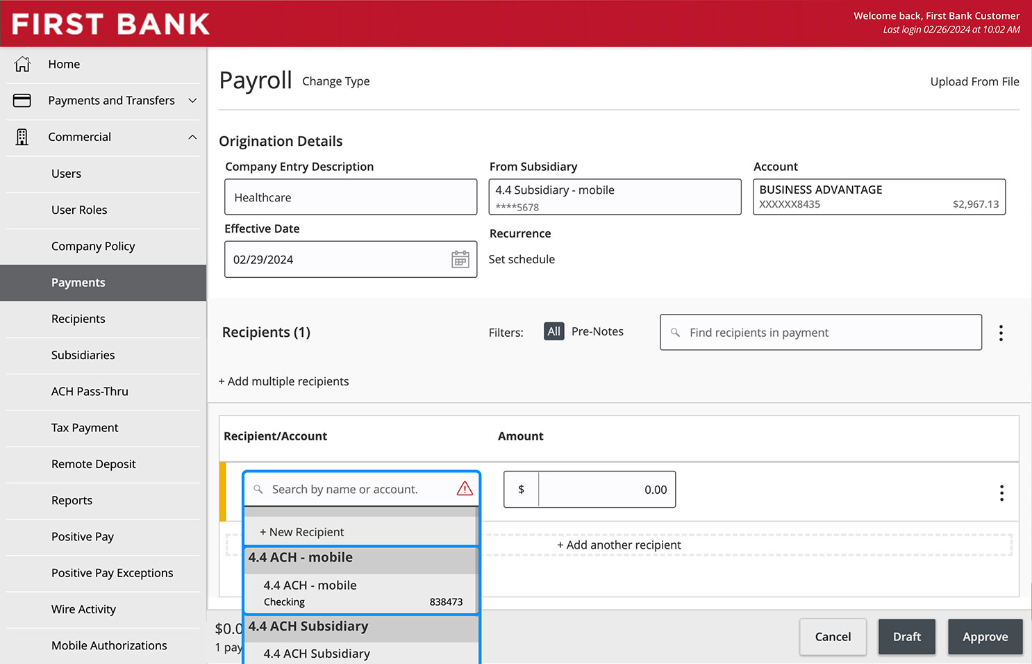 Online Banking screen showing the Recipient/Account dropdown and search field.