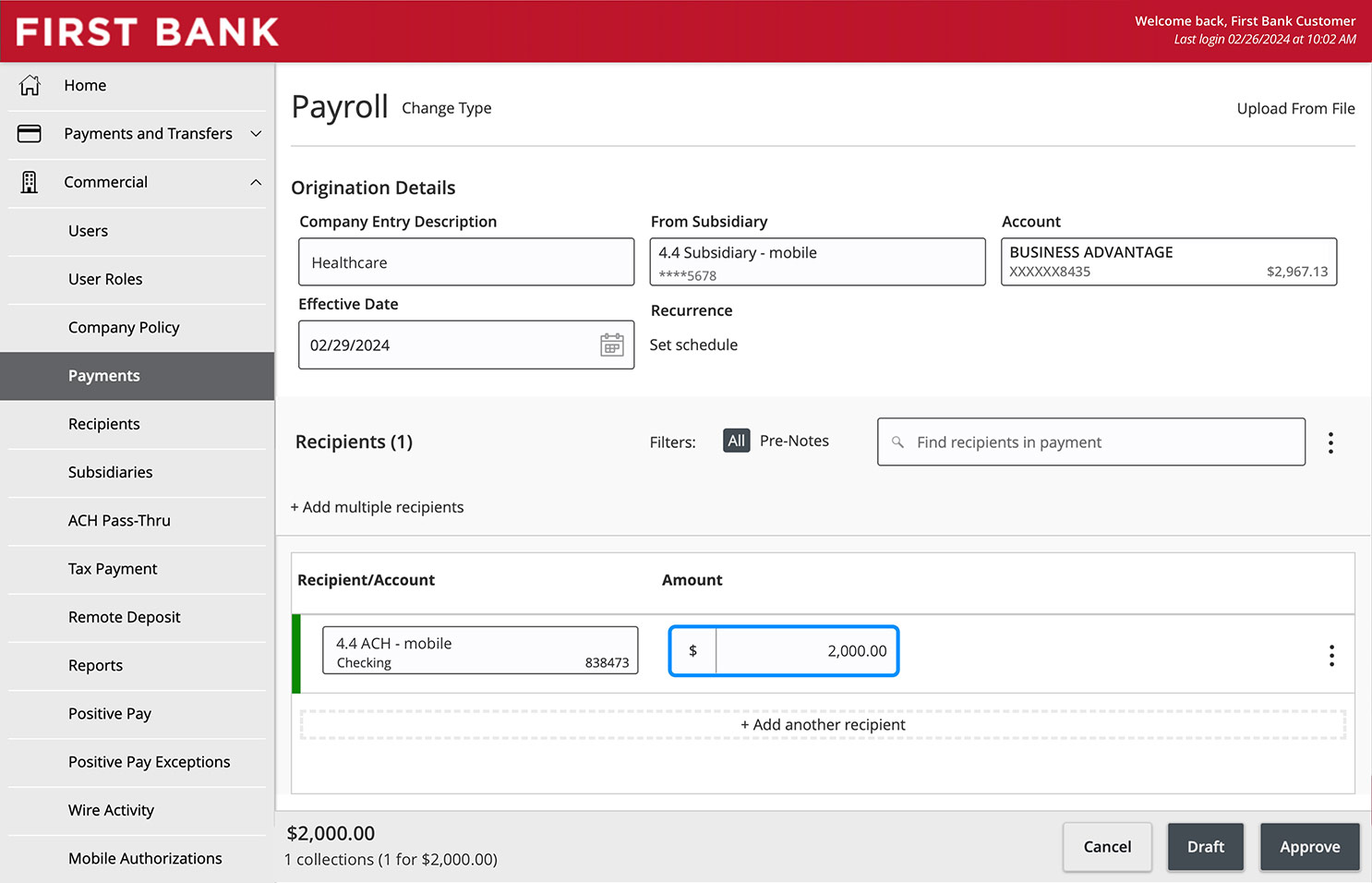 Online Banking screen highlighting the Amount field.