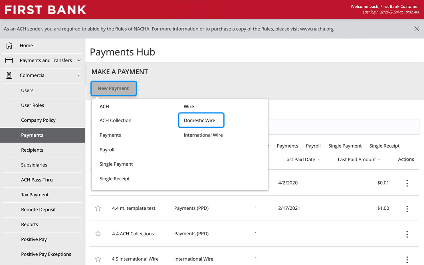 Online Banking screen showing the New Payment dropdown options.