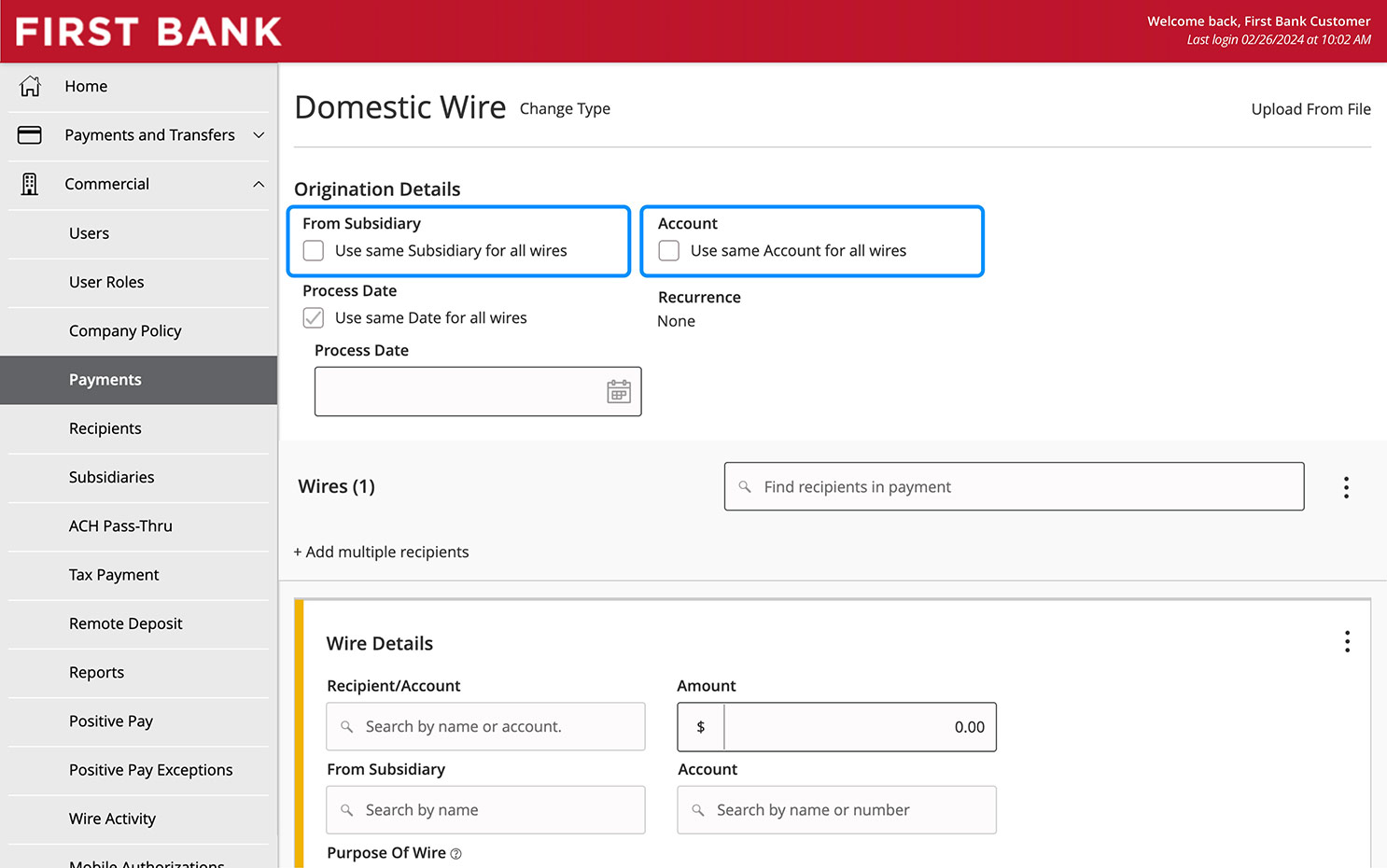 Online Banking screen highlighting the From Subsidiary and Account fields.