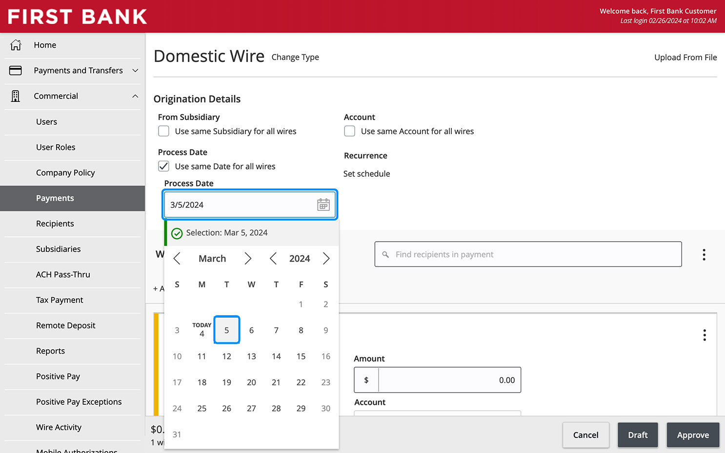 Online Banking screen showing the date picker for the Process Date.