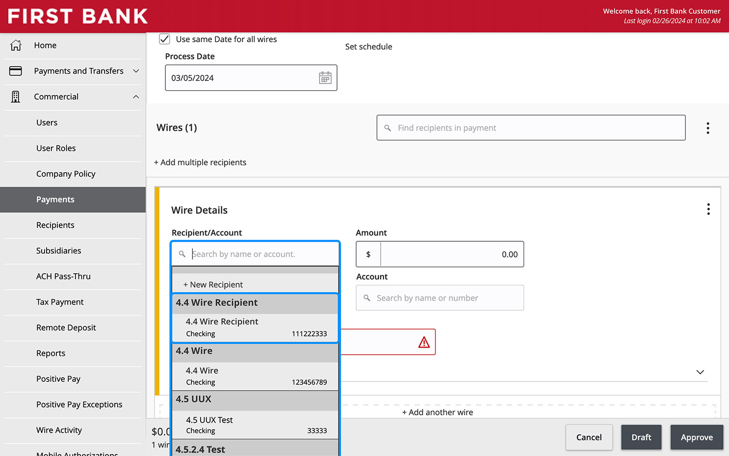 Online Banking screen highlighting the Recipient/Account dropdown and search field.