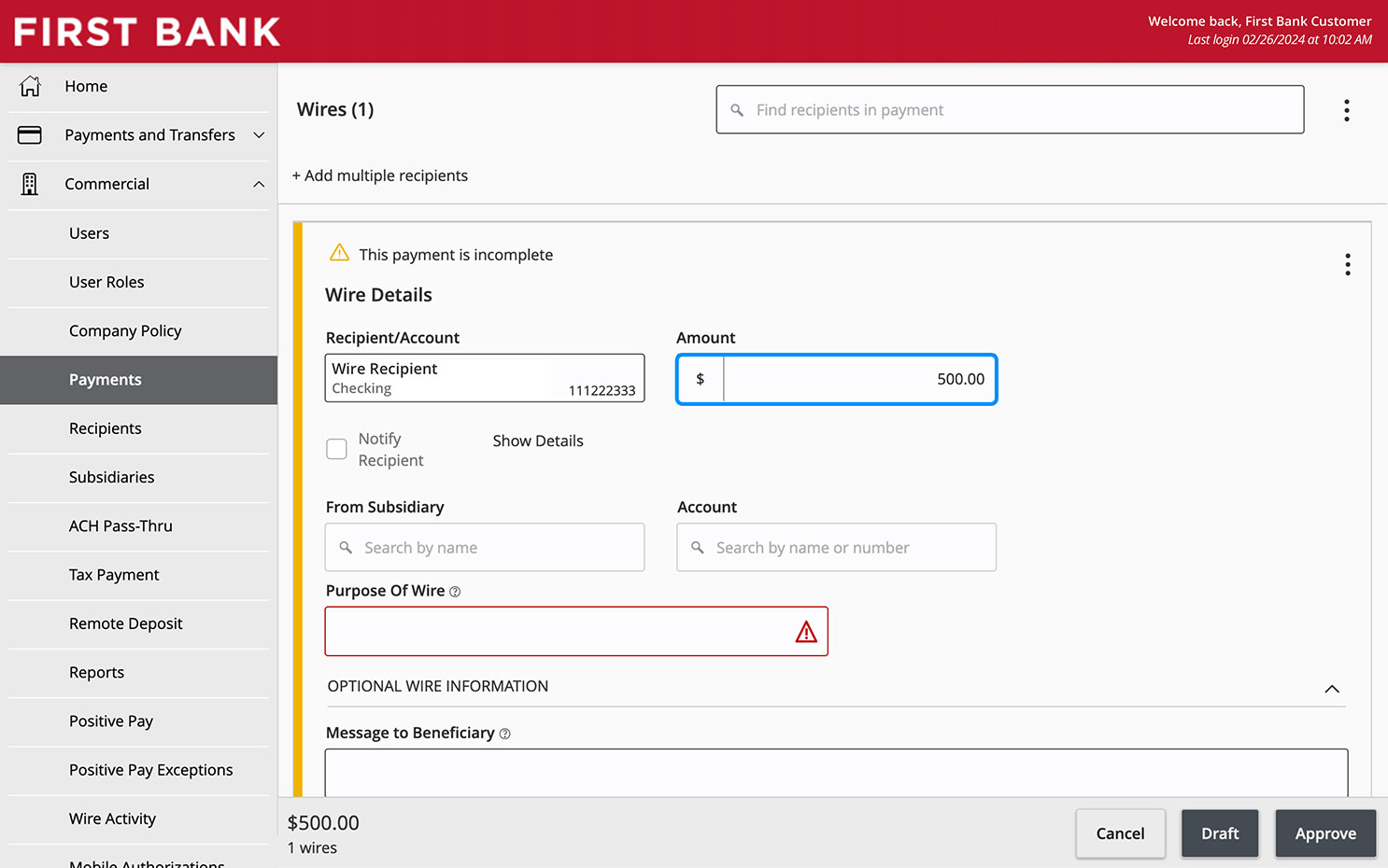 Online Banking screen highlighting the Amount field.