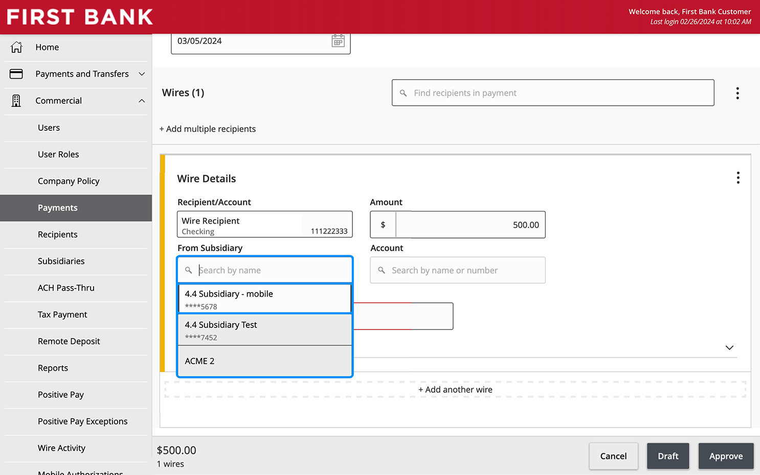 Online Banking screen showing the From Subsidiary dropdown and search field.