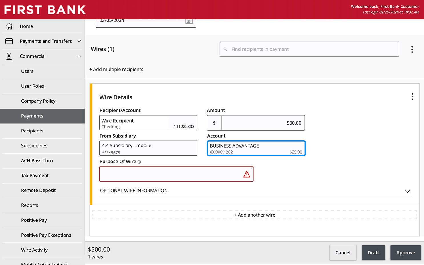 Online Banking screen highlighting the Account field.