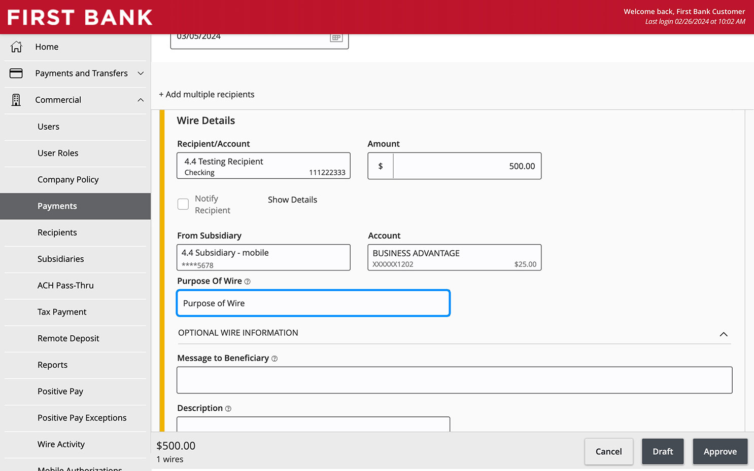 Online Banking screen highlighting the Purpose of Wire field.