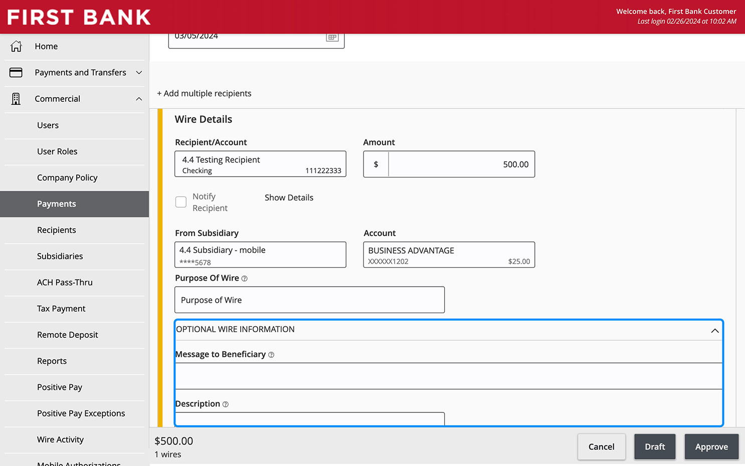 Online Banking screen highlighting the Optional Wire Information section.