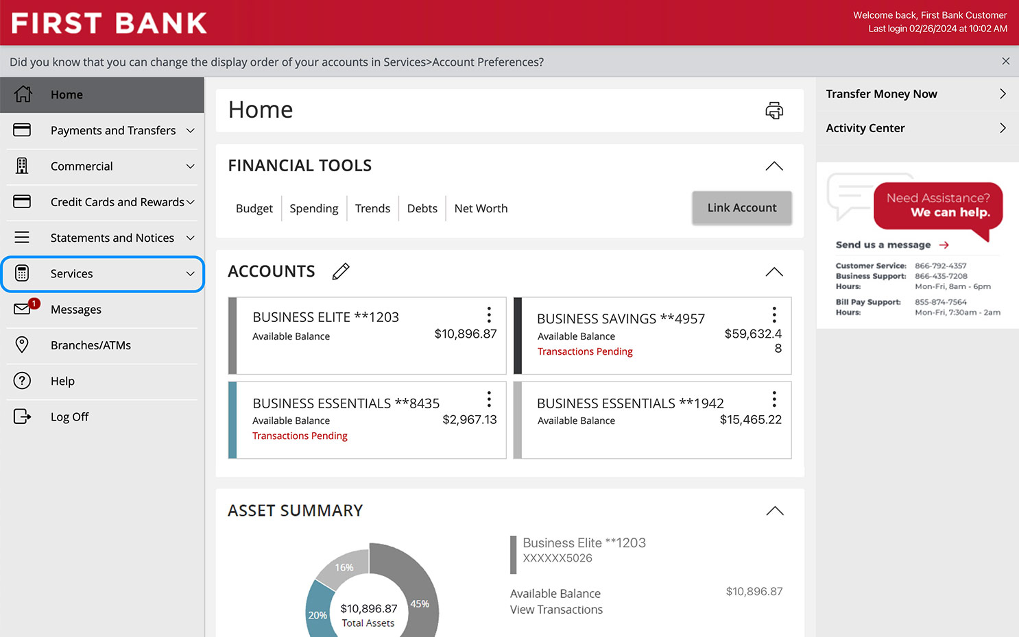 First Bank online banking screen showing where the Services menu is.