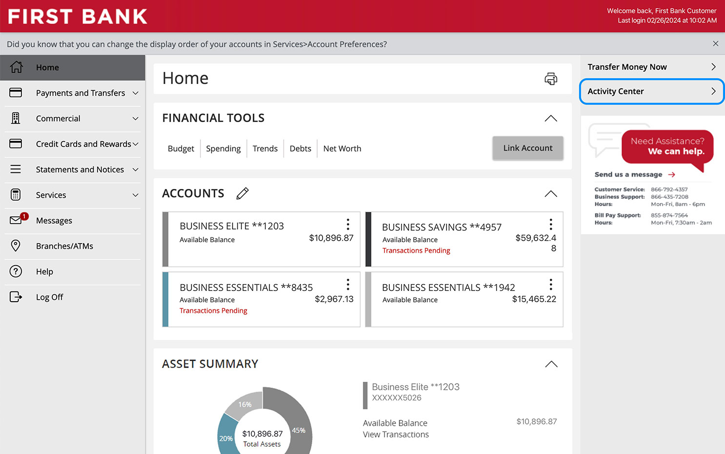 First Bank online banking screen highlighting where the Activity Center menu item is.