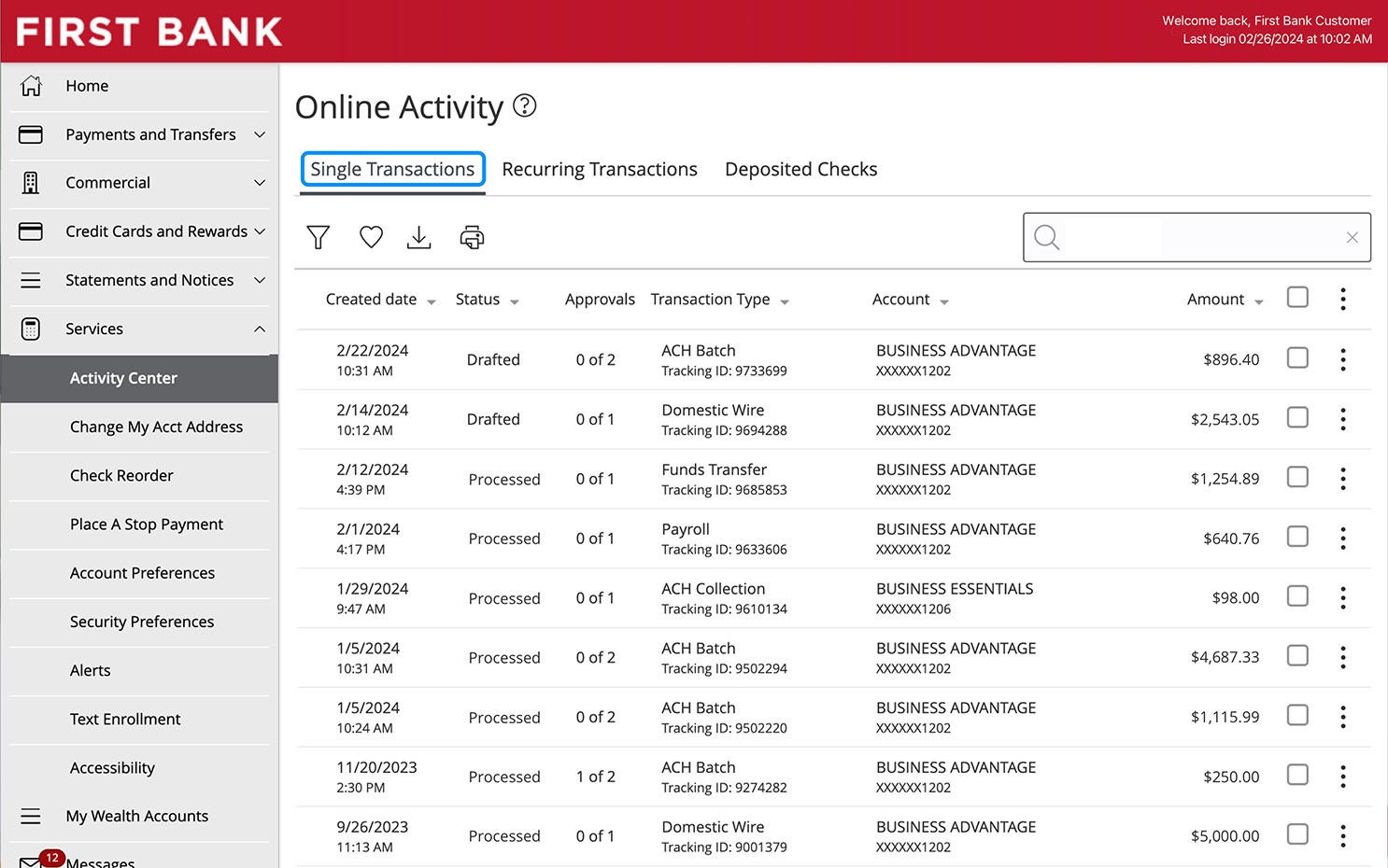 First Bank online banking screen showing where Single Transitions can be found in the Online Activity center.