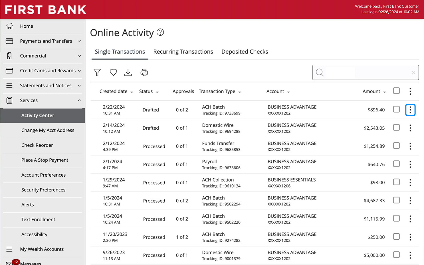 First Bank online banking screen highlighting the dotted menu icons for individual transactions.