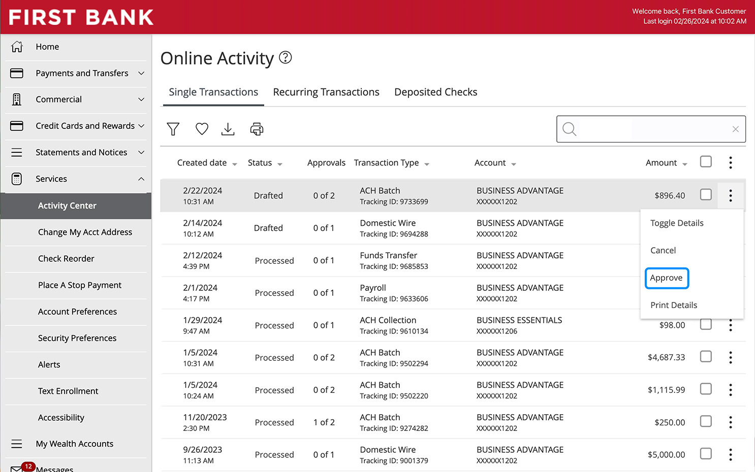 First Bank online banking screen showing the individual transaction submenu opened.