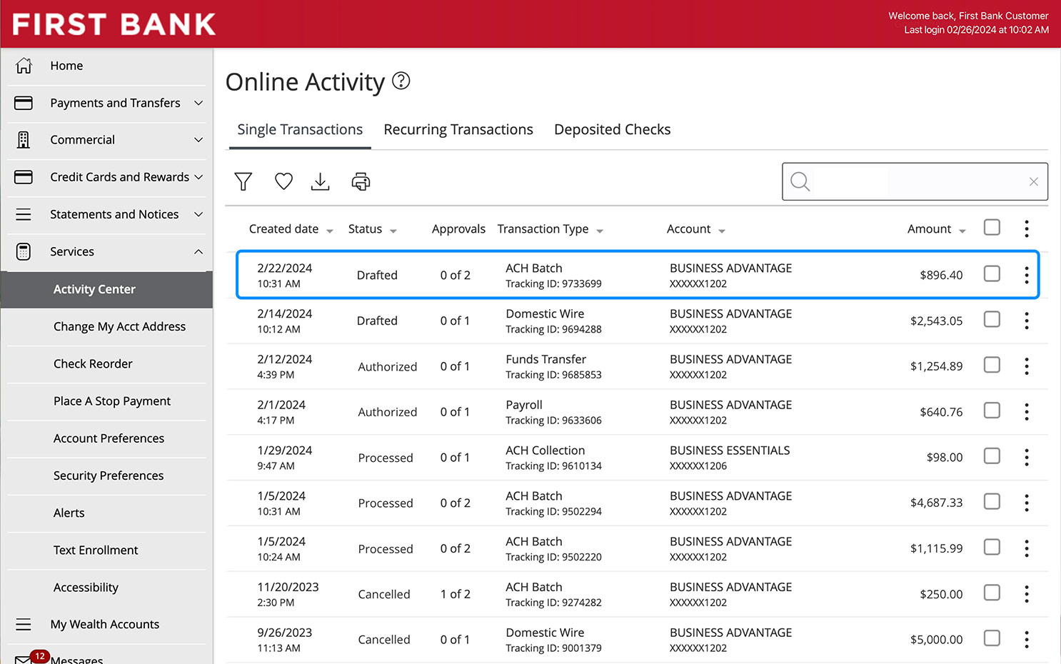 First Bank online banking screen highlighting a single transaction row.