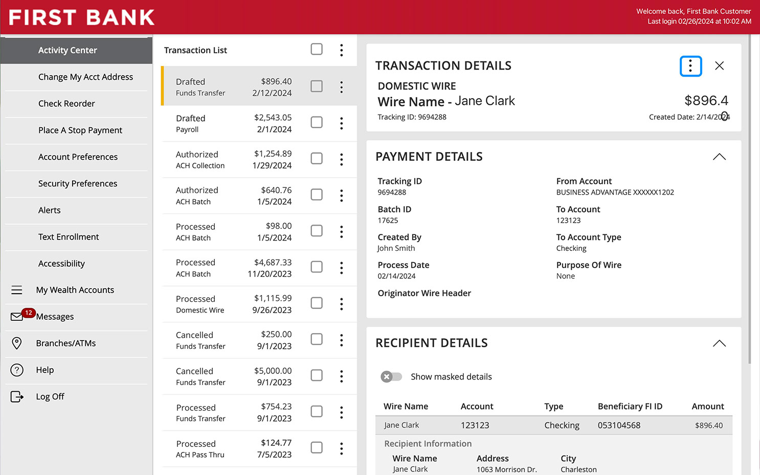 First Bank online banking screen highlighting the dotted menu icons for drafted transactions.