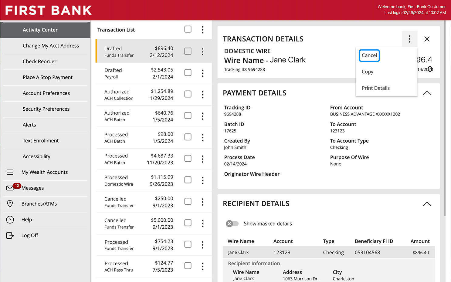 First Bank online banking screen showing the drafted transaction submenu opened.