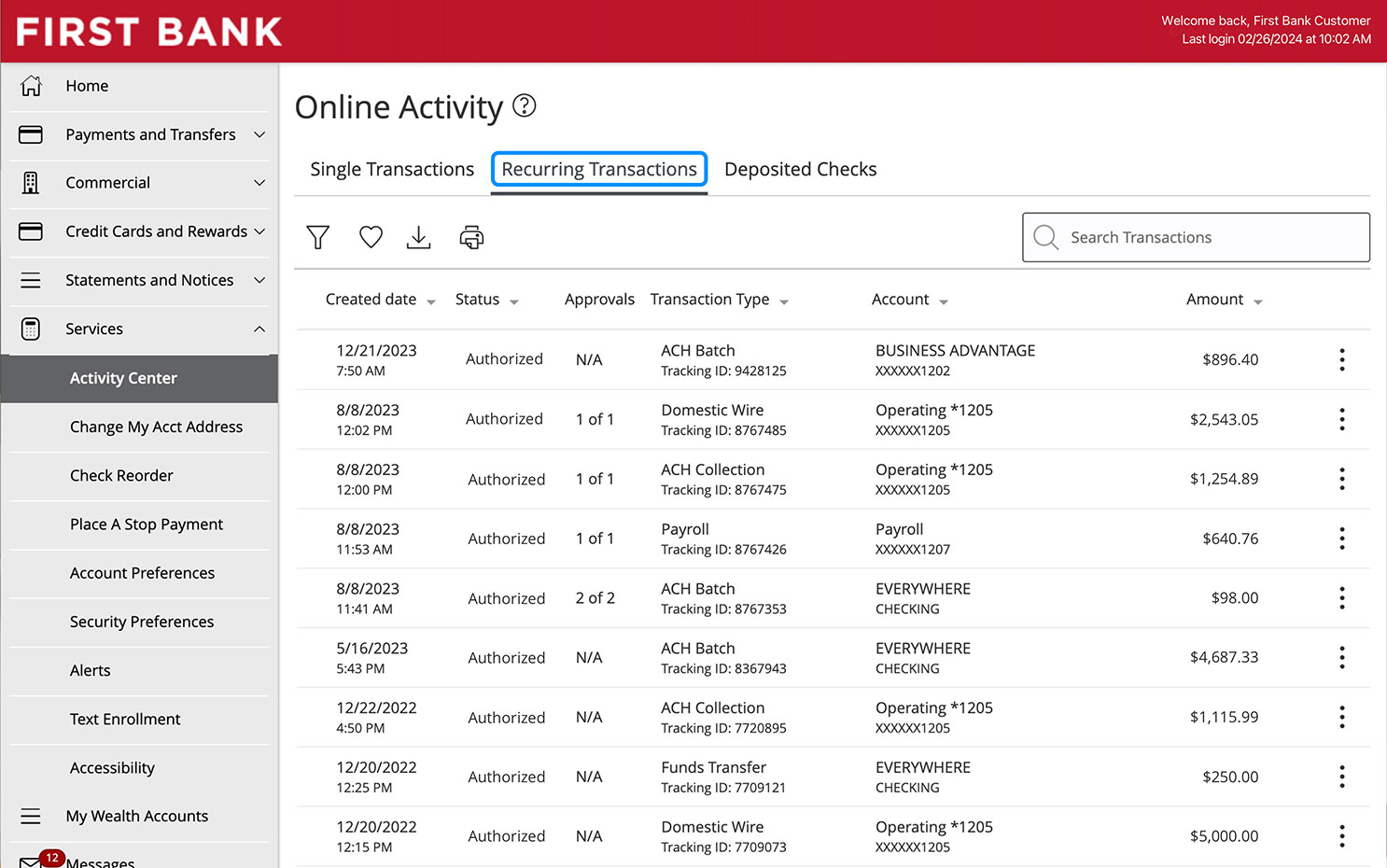 First Bank online banking screen highlighting where the Recurring Transactions tabs is.