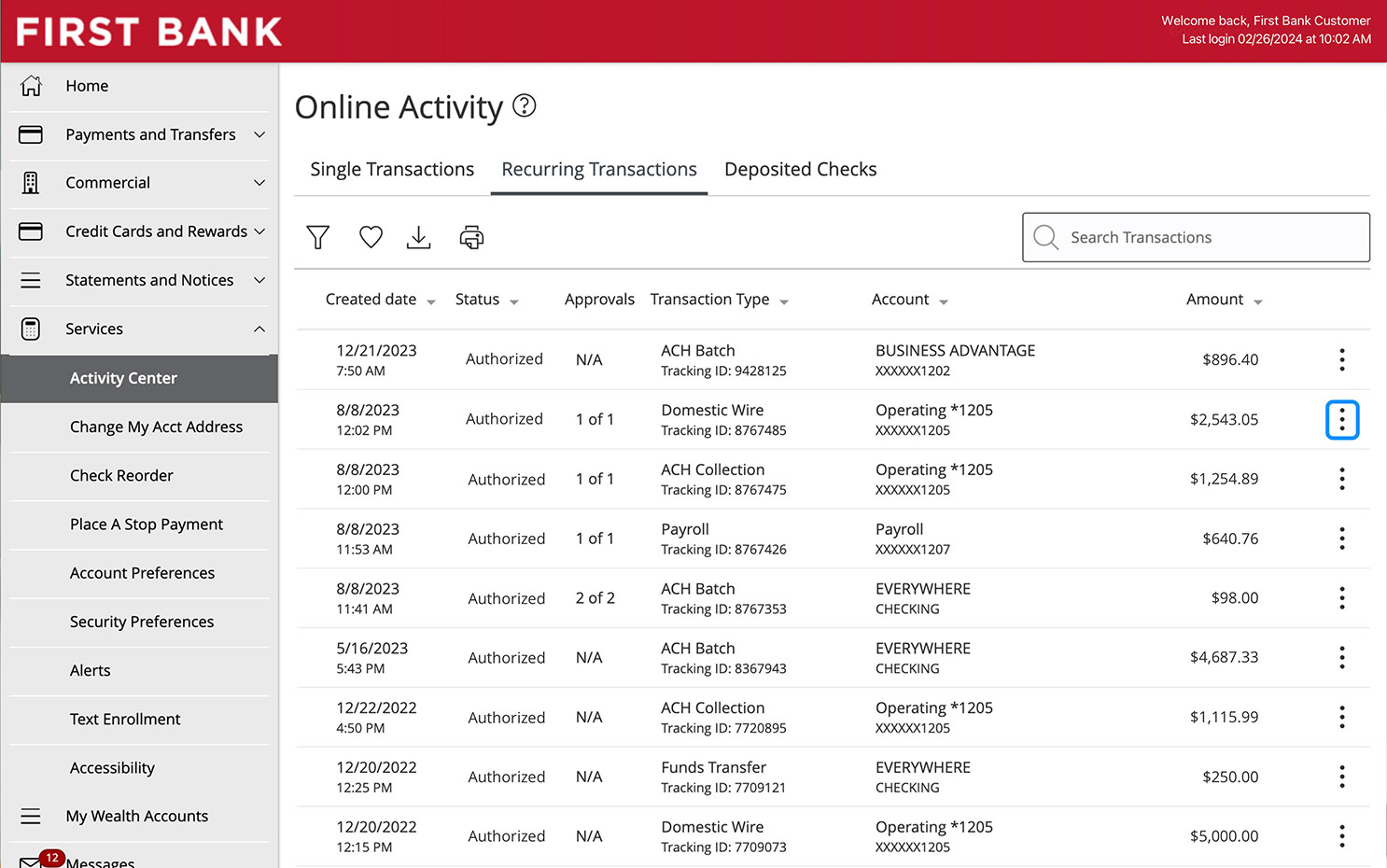 First Bank online banking screen highlighting the dotted menu icons for recurring transactions.