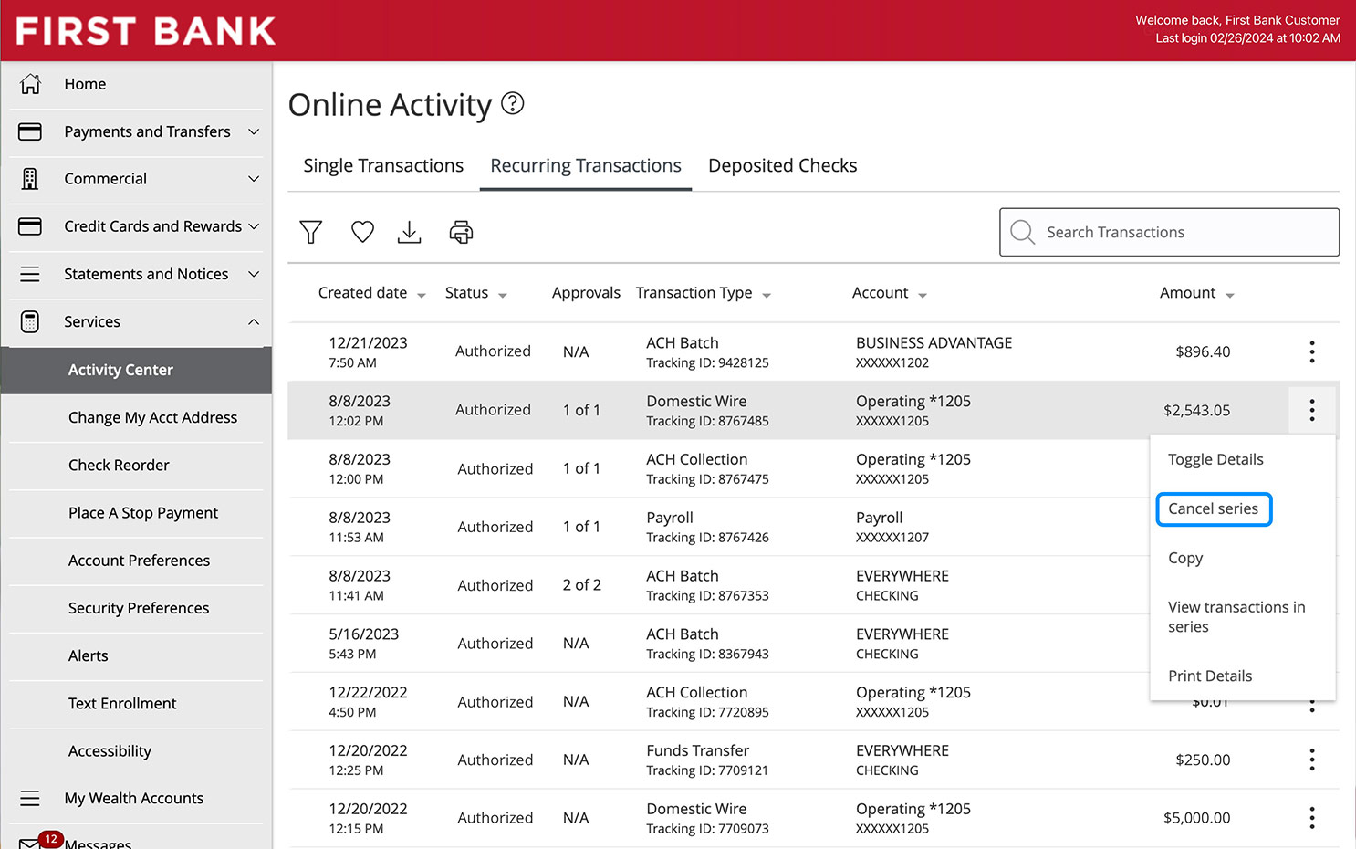 First Bank online banking screen highlighting the cancel series option in the recurring transactions submenu.