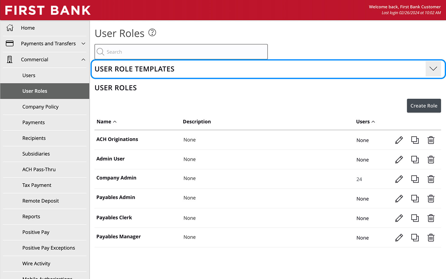 Online Banking screen highlighting the User Role Templates dropdown.