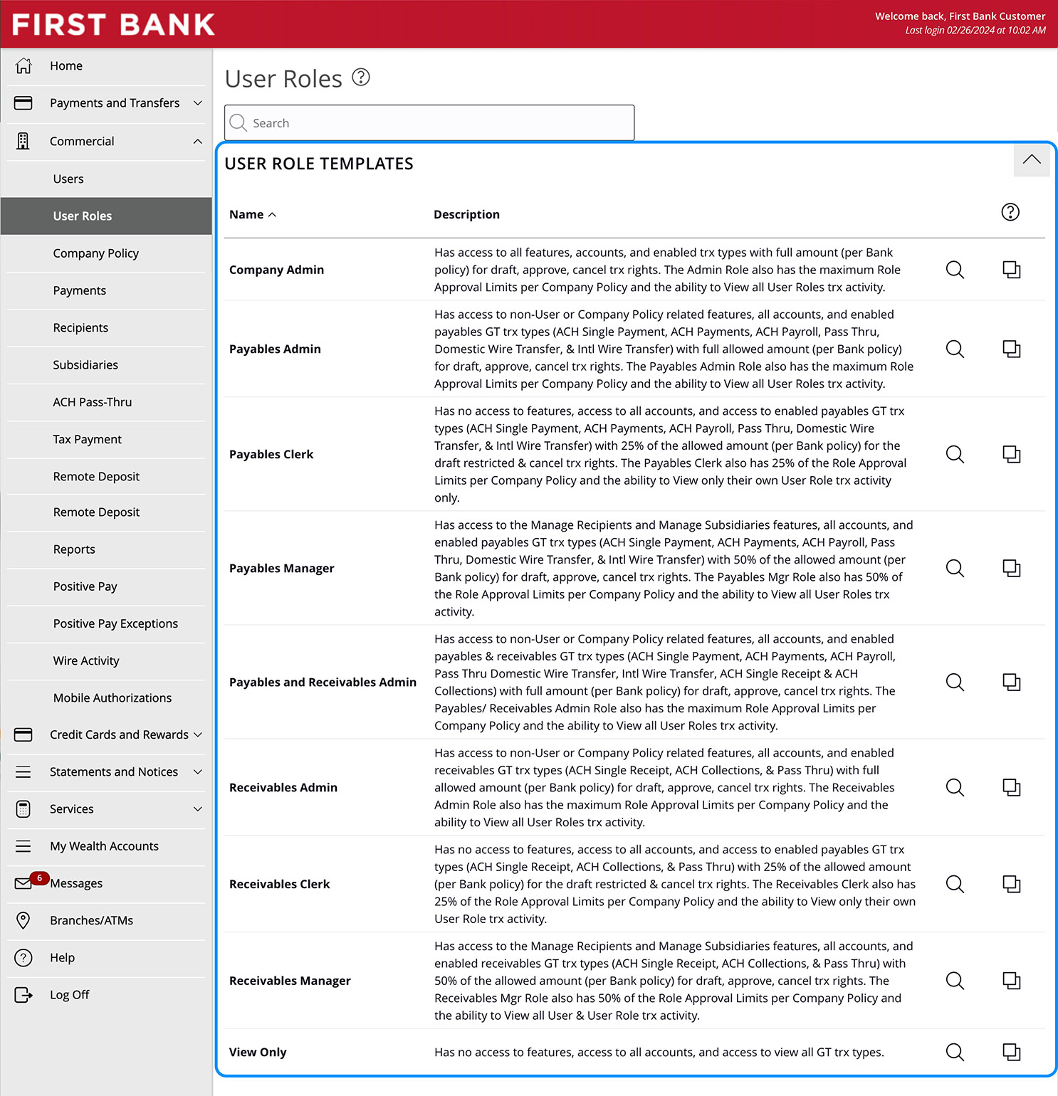 Online Banking screen showing the expanded User Role Templates.