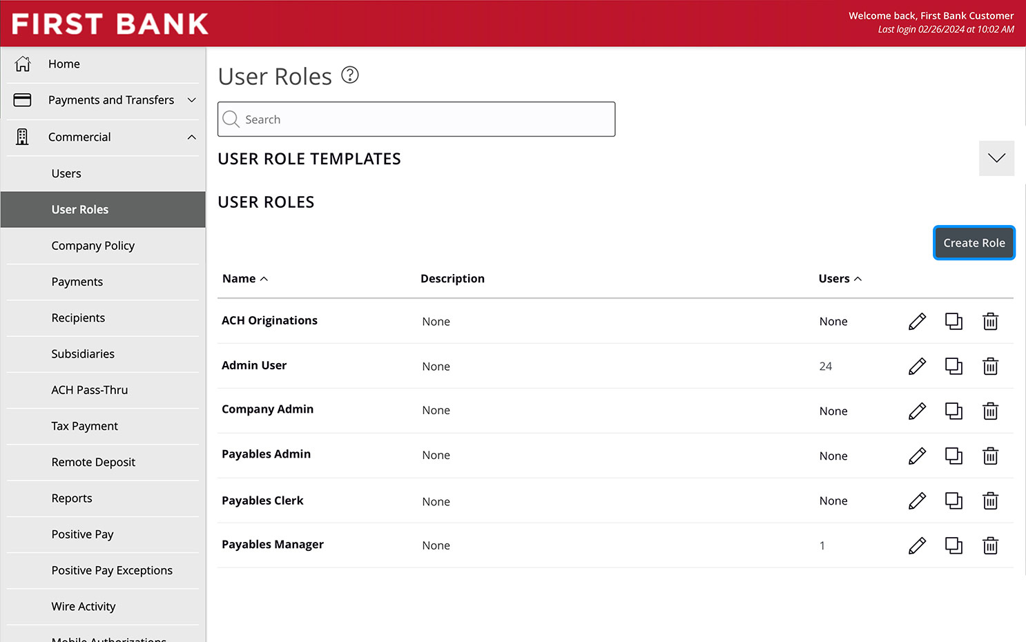 Online Banking screen highlighting the Create Role button.