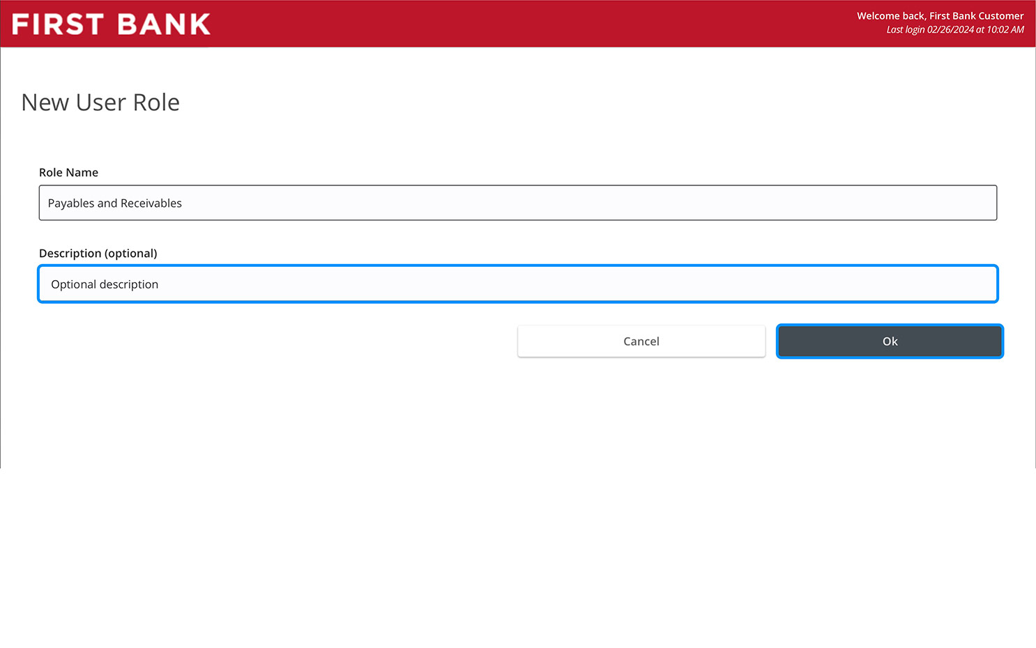 Online Banking screen highlighting the Description field and Ok button.