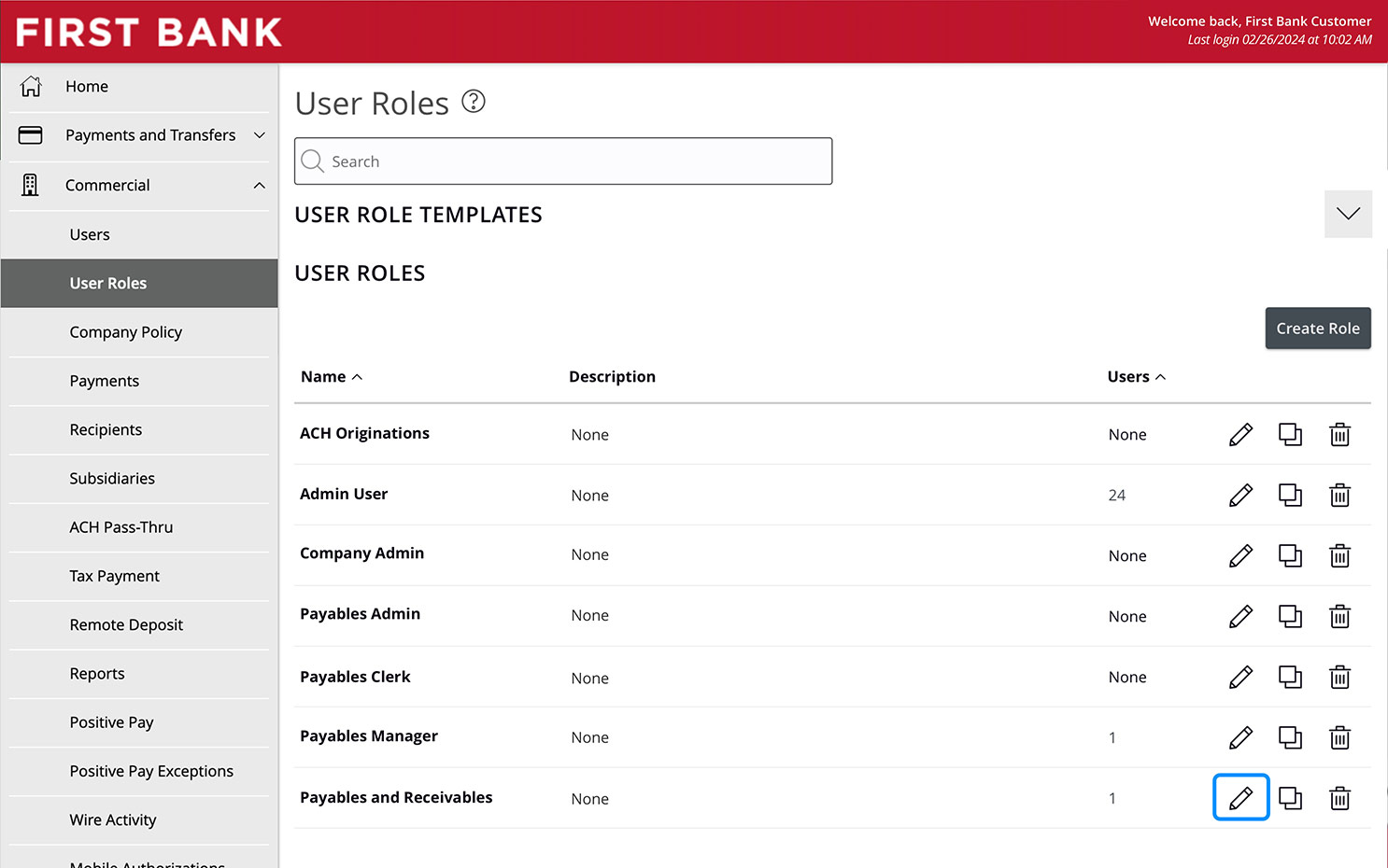 Online Banking screen highlighting the edit button for user roles.