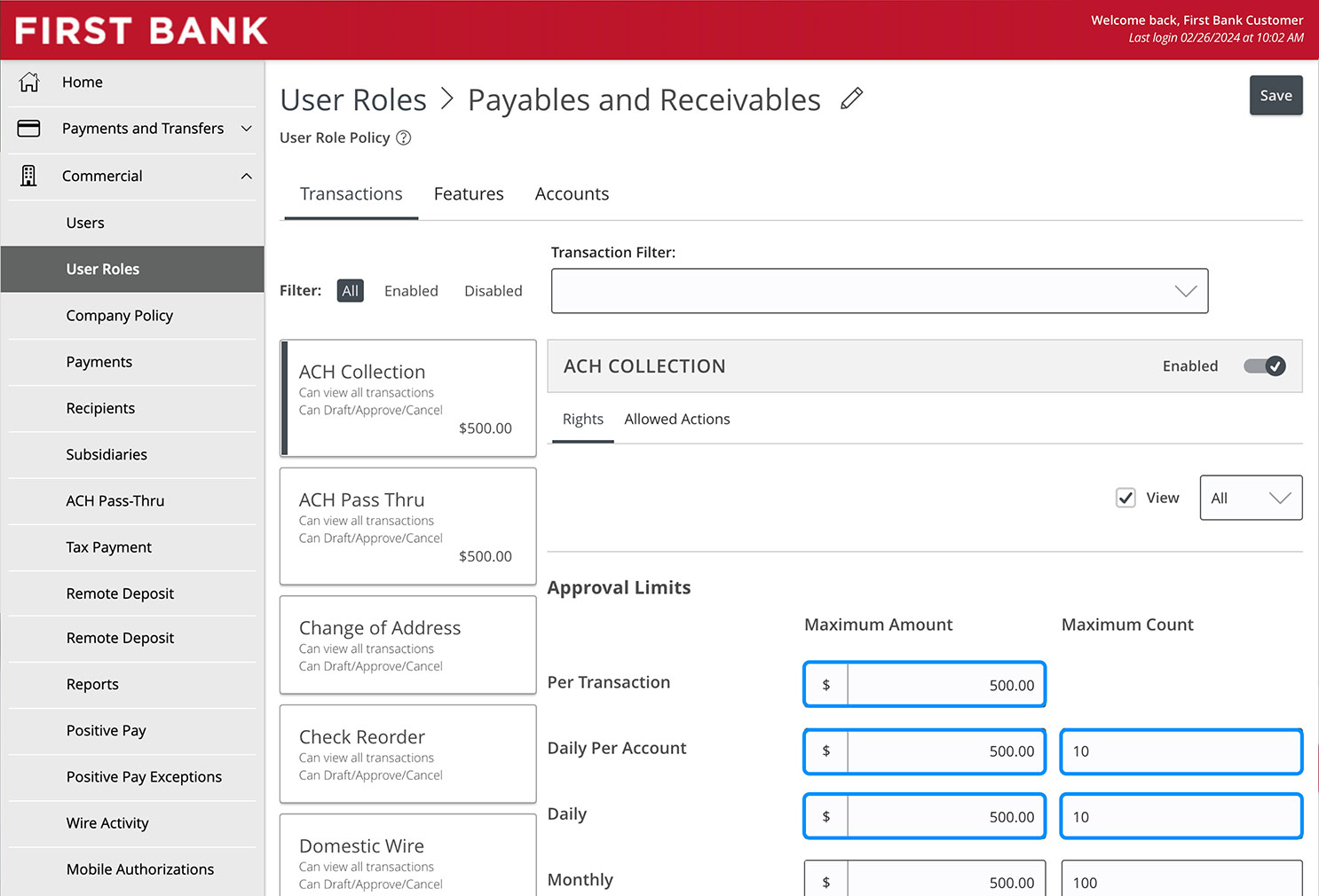 Online Banking screen highlighting various Approval Limits fields for a specific user role.