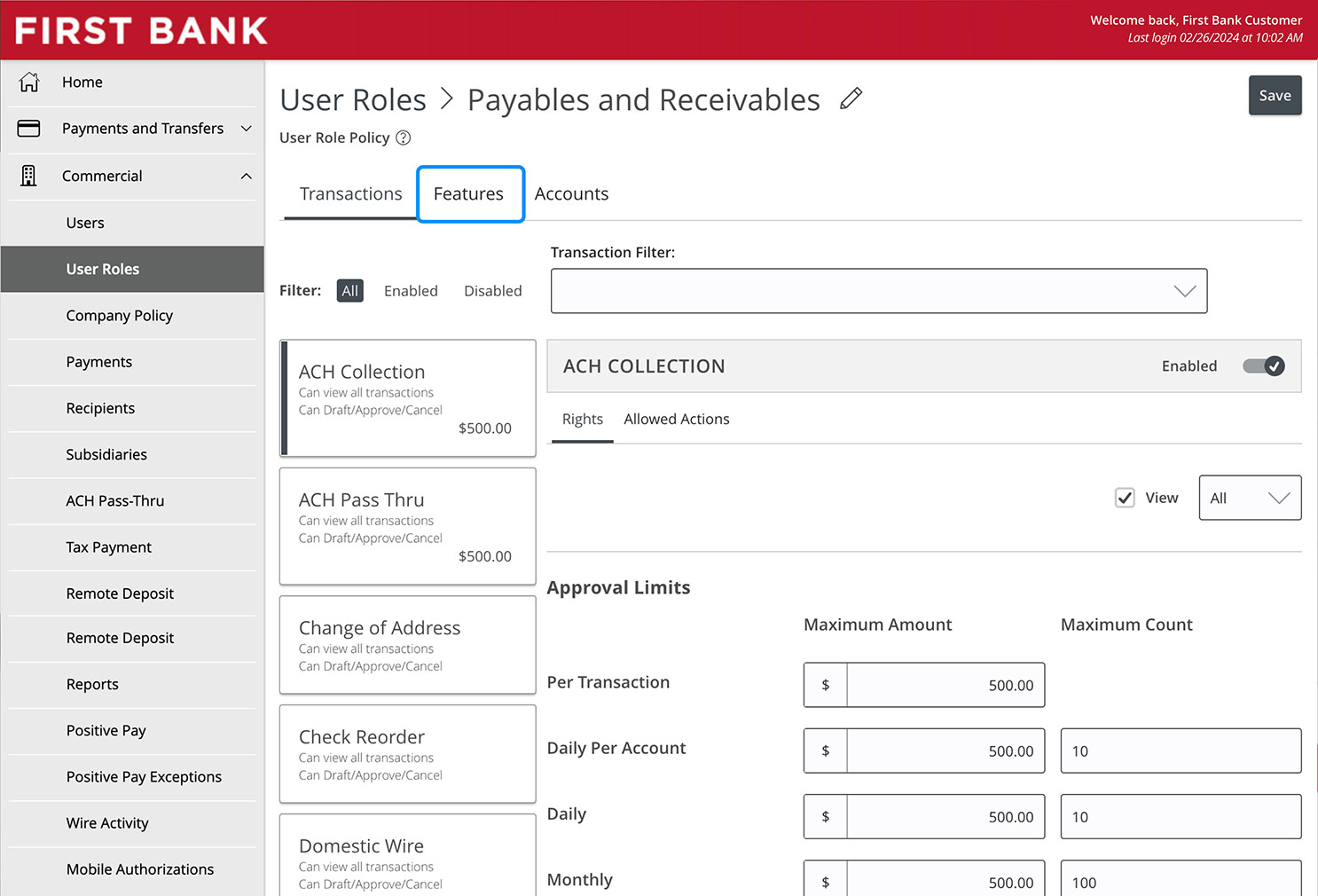 Online Banking screen highlighting the Features tab.