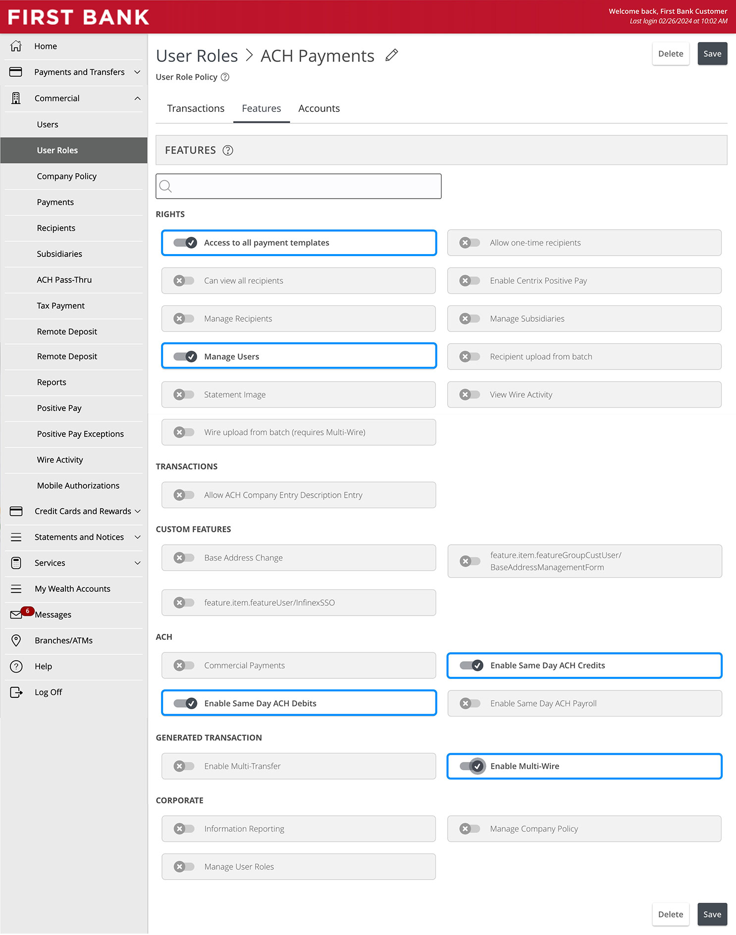 Online Banking screen highlighting the various features that can be enabled or disabled for a user role.