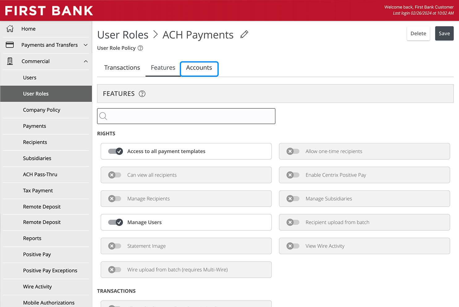 Online Banking screen highlighting the accounts tab.