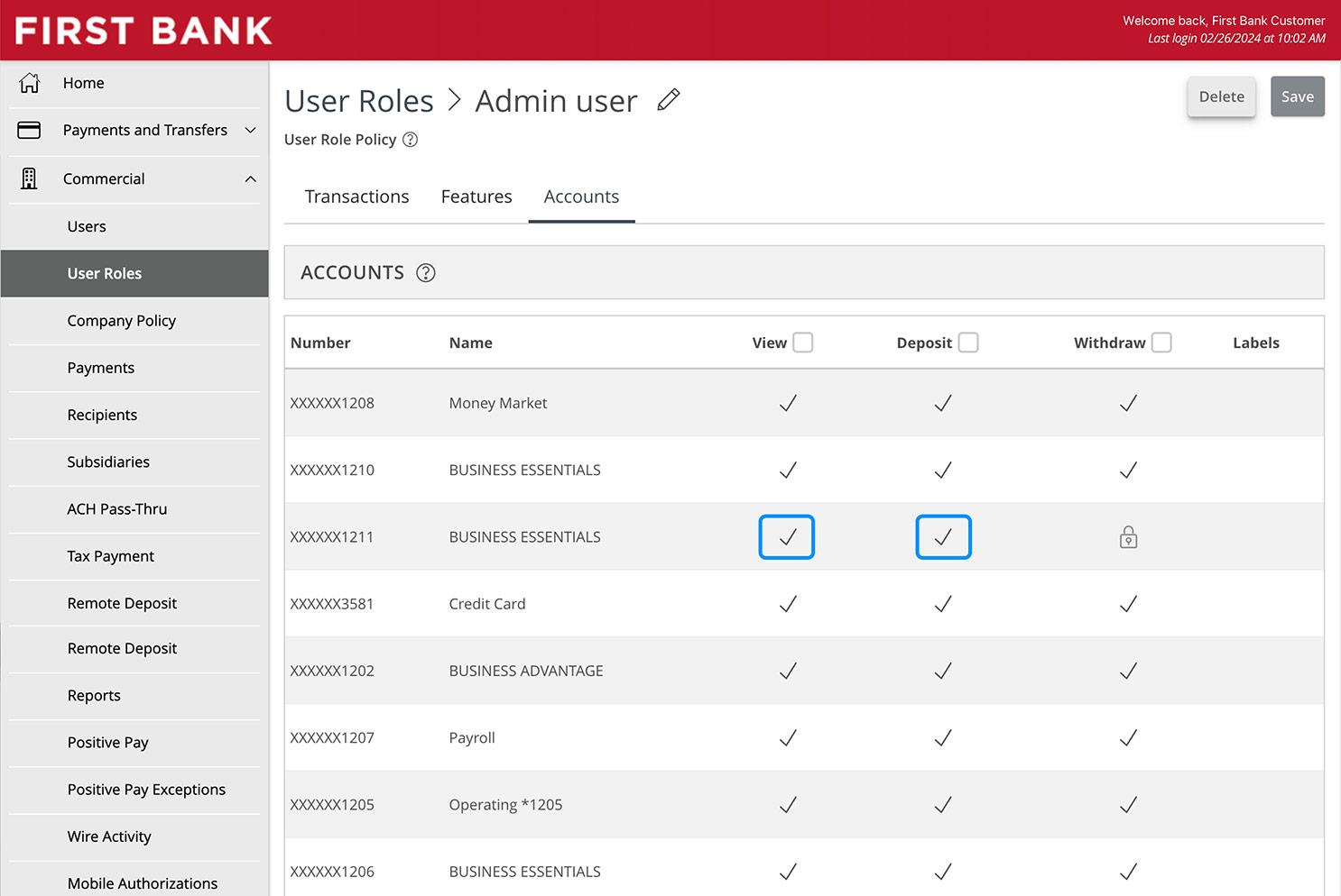 Online Banking screen highlighting the various features that can be enabled or disabled for each account.