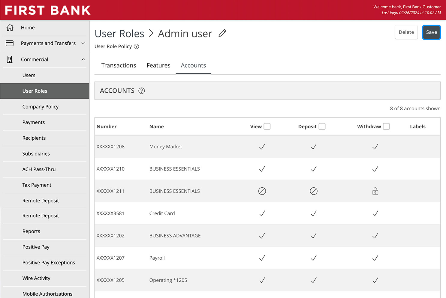 Online Banking screen highlighting the save button.