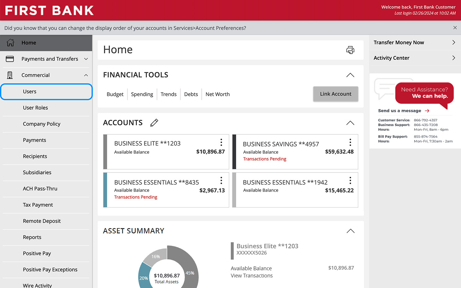 Online Banking screen showing where the Users option is in the nav.