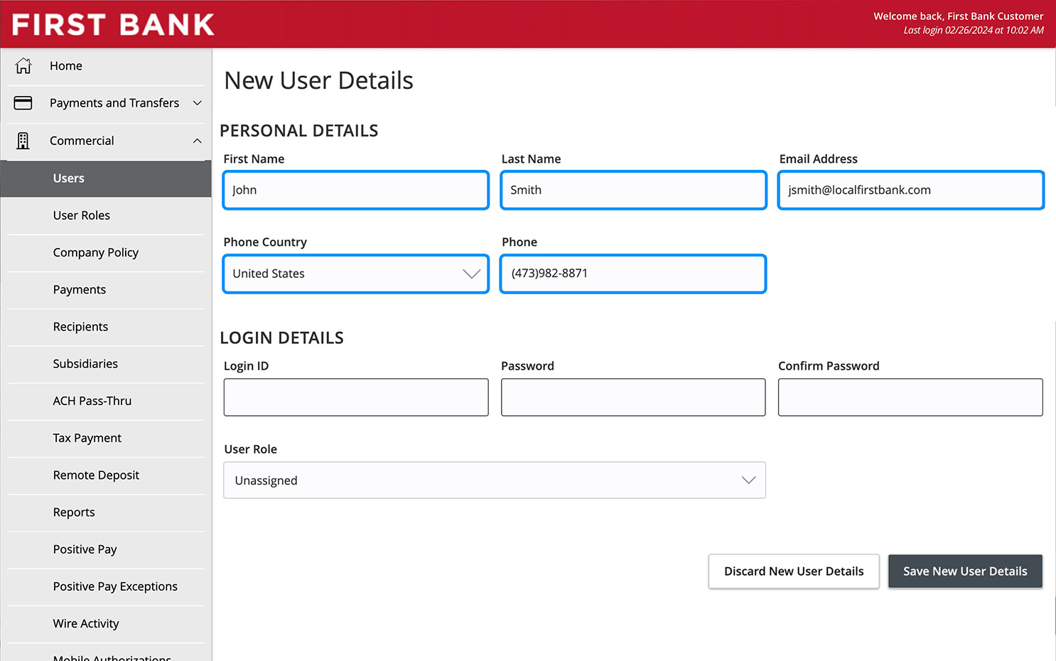 Online Banking screen highlighting the New User personal detail fields.