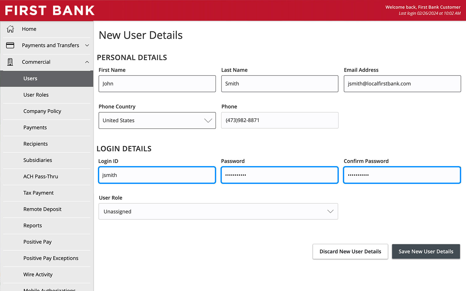 Online Banking screen highlighting the Login Details fields.