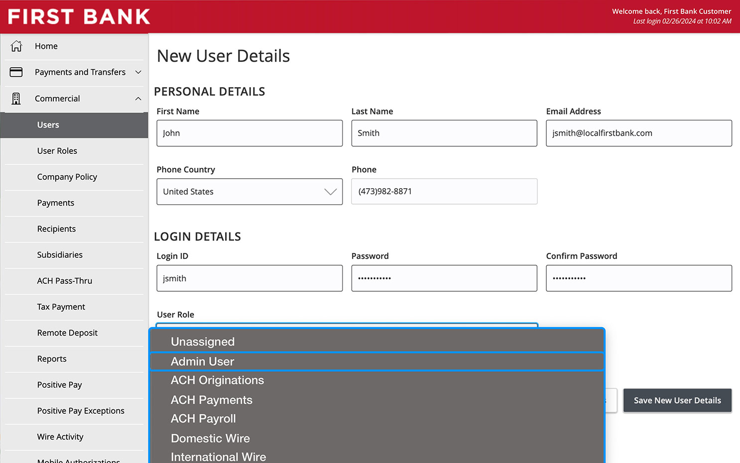 Online Banking screen showing the User Role dropdown options.