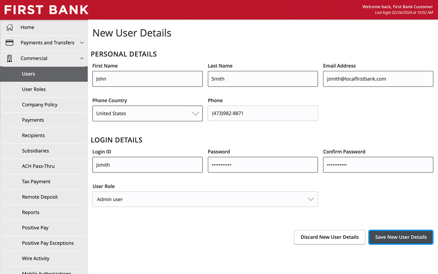 Online Banking screen highlighting the Save New User Details button.