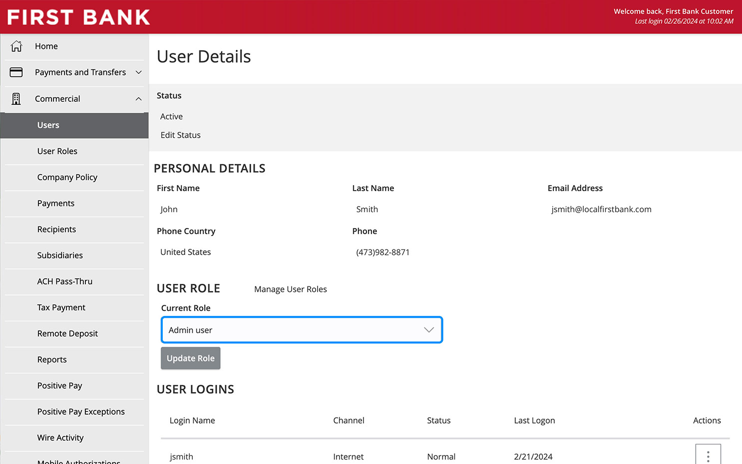 Online Banking screen highlighting the Current Role field.