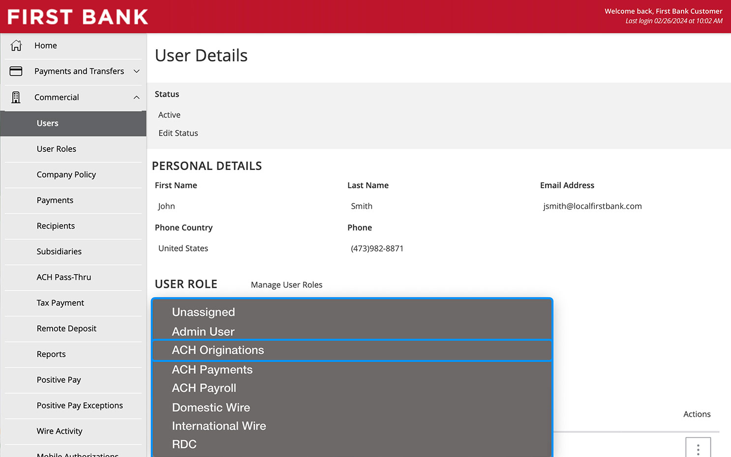 Online Banking screen showing the Current Role dropdown activated.